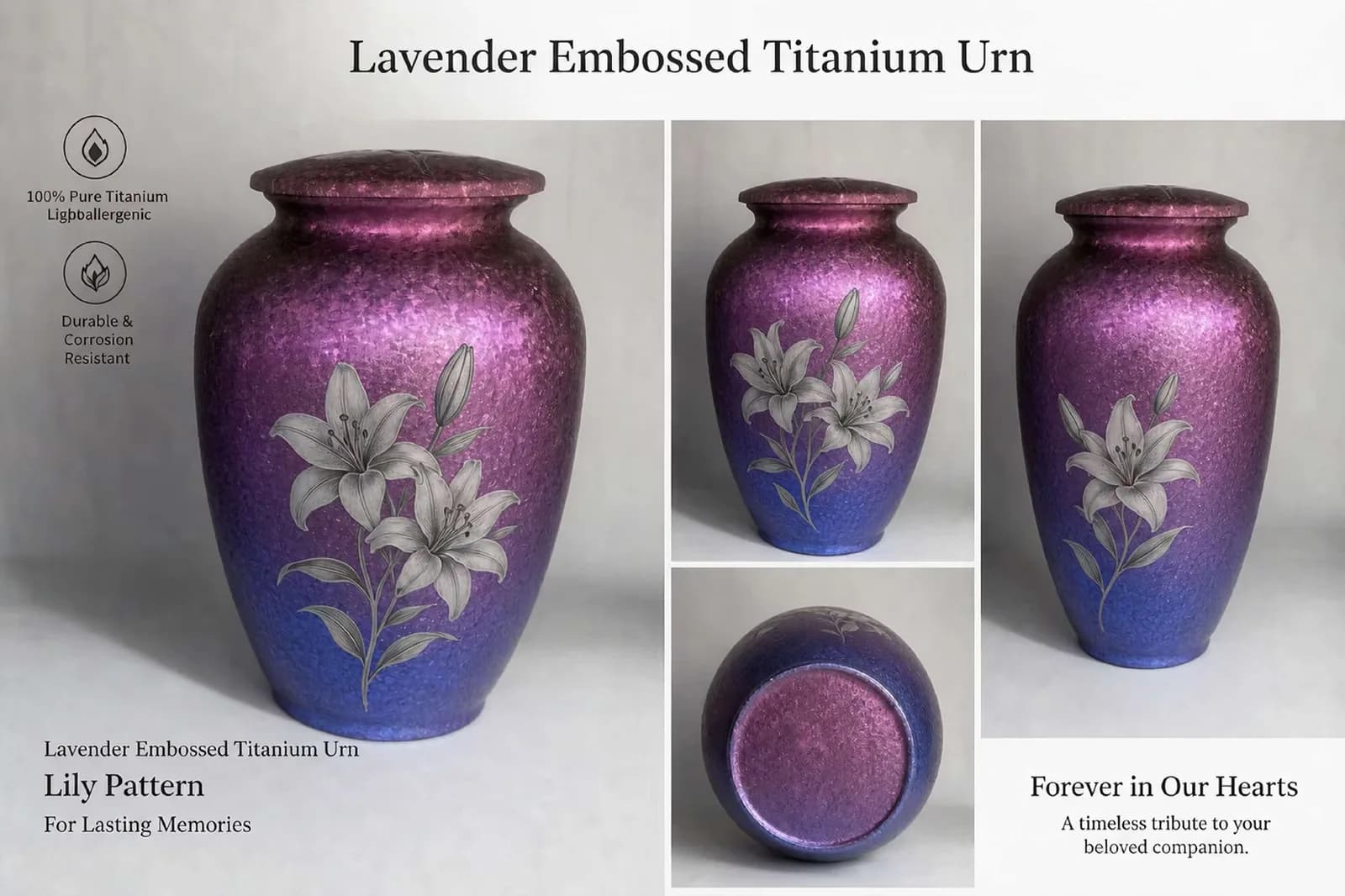 Lavender Embossed Titanium Urn · Model C